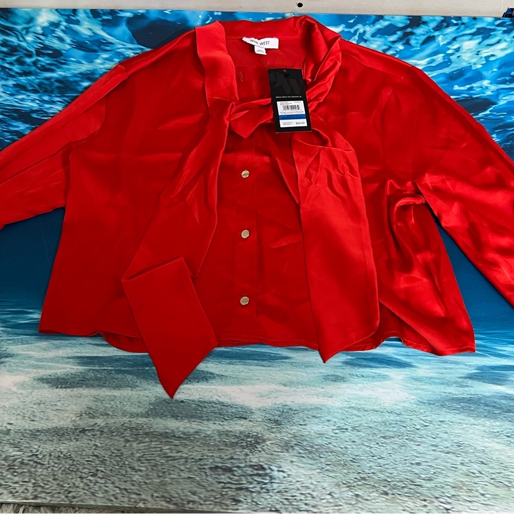 ❄️Nine West Red Satin Blouse Elegant Red Bow-Tie Blouse – Classic Chic - Picture 3 of 8